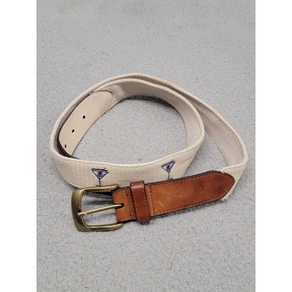 J.McLaughlin Belt Mens 40 Khaki Ashton Embroidered Martini Webbing Leather Trim